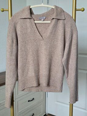 J. Crew Wool Blend Soft V-neck Collared Sweater, Cream/Tan Color, Size Small
